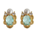 Gold Tone Aqua Oval Stone White Pearl And Clear Stone Stud Earrings view 5