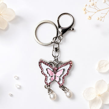Rhinestone Butterfly Pearl Drop Keychain Metal Charm