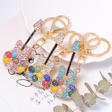 Rhinestone Guitar Keychain Cat Eye Beads Gold Clasp 3 Colors