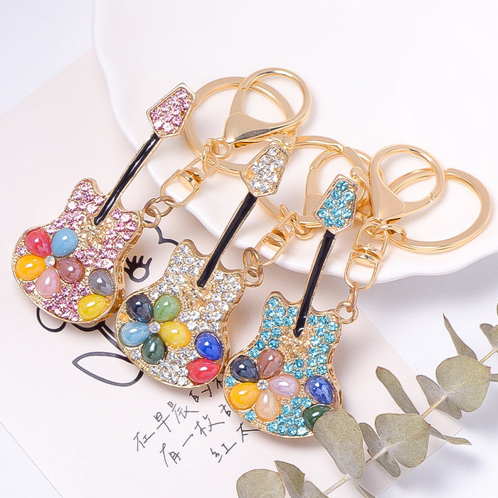 Rhinestone Guitar Keychain Cat Eye Beads Gold Clasp 3 Colors