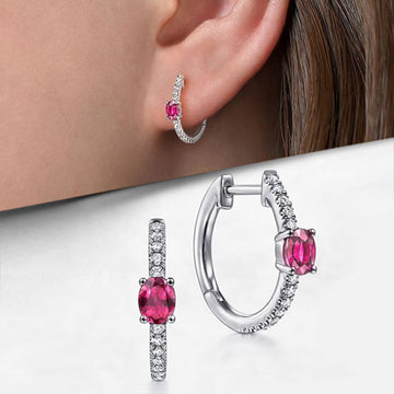 Silver Pink Oval Center Clear Pavé Huggie Earrings