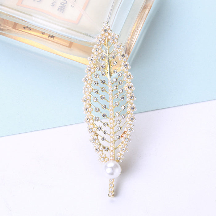 Crystal Feather Brooch with Pearl Tip and Gold Tone Spine