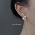 Gold Tone Pink Flower Blue Basket And White Pearl Stud Earrings view 2