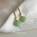 Green Carved Longevity Lock Drop Earrings Gold Pearl view 4