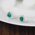 Green Emerald Rectangle Halo Clear Stud Earrings Silver view 3