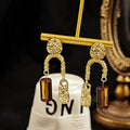 Amber Rectangular Bead and Textured Gold Long Earrings view 4