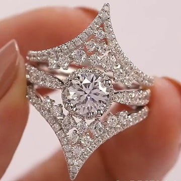 White Gold Tone V Openwork Round Halo Crystal Ring Sizes 6-10