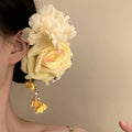 Yellow Fabric Rose Flower Duckbill Hair Clip Pearl Dangles view 1