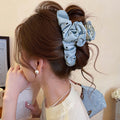 Blue Satin Heart Hair Claw With Black Polka Dots And Ruffles view 6
