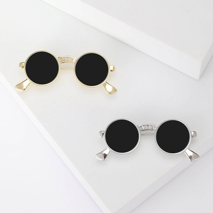 Round Sunglasses Brooch Black Lenses Gold Silver Crystal Pin