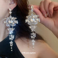 Silver Crystal Floral Chandelier Earrings with Long Drops view 1