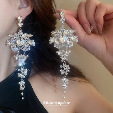 Silver Crystal Floral Chandelier Earrings with Long Drops