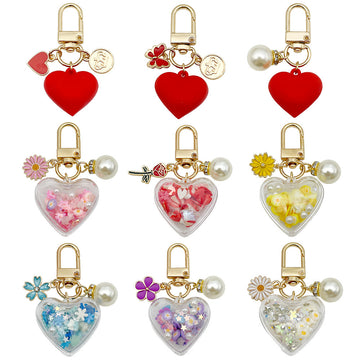 Red Heart Keychains With Pearl-Look, Butterfly, Tag And Rose Charms