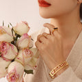 Gold Steel Rose FAMILY Letter Pink Heart Hinge Bangle view 1