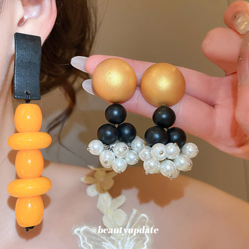 Geometric Wood Bead Dangle Earrings in Two Colorways