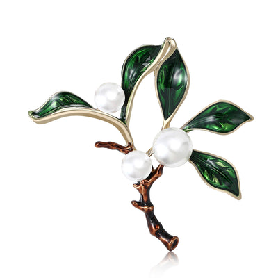 Green enamel leaf pearl branch brooch front view
