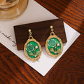 Green Oval Lily and Rose Gold Tone Dangle Stud Earrings view 7