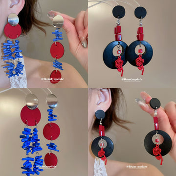 Red and Blue Wooden Flower Long Drop Earrings in Silver Tone