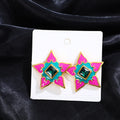 Pink Enamel Look Star Green Center Statement Stud Earrings view 6
