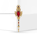 Ornate Red Crystal Scepter Brooch with Blue Accents and Pearl Tip view 2