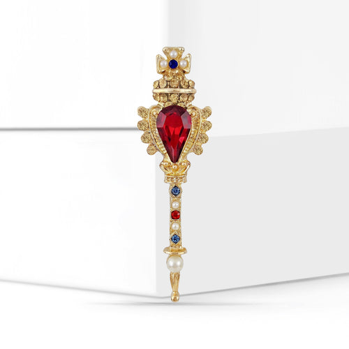 Ornate Red Crystal Scepter Brooch with Blue Accents and Pearl Tip front view on a white background