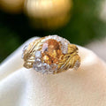 Gold Tone Feather Embossed Ring Yellow Oval Center Clear Stones view 5