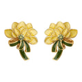 Yellow Enamel Peony Flower Gold Stud Earrings Green Leaf view 5