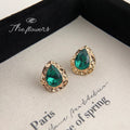 Gold Hammered Teardrop Emerald Green Crystal Stud Earrings view 3