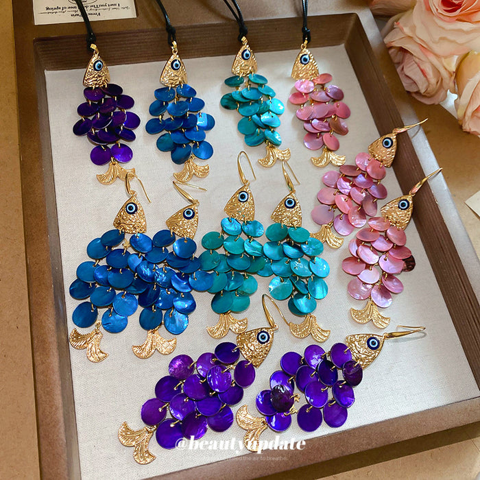 Fish Shell Disc Tassel Earrings Cord Pendant Necklaces