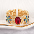 Gold Tone Red Cabochon Blue Enamel Floral Open Ring view 5