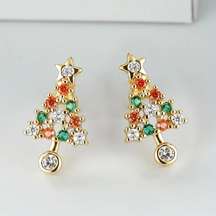 Multicolor Christmas Tree Stud Earrings in Gold Tone