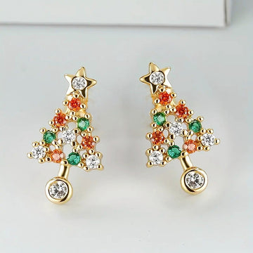 Gold Tone Multicolor Crystal Christmas Tree Stud Earrings