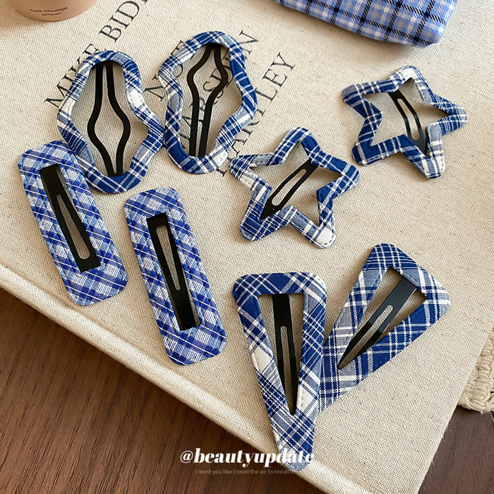 Blue White Plaid Fabric BB Snap Hair Clip 4 Shapes