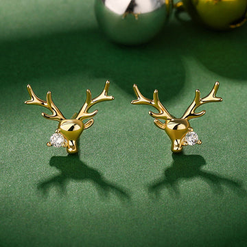 Gold Deer Head Stud Earrings with Clear CZ Accent Stone