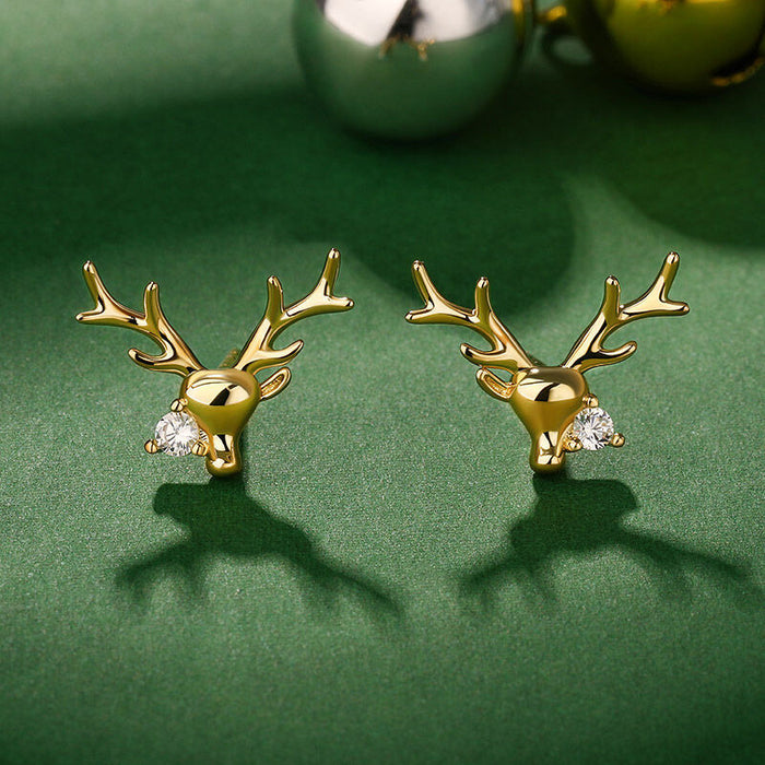 Gold Deer Head Stud Earrings with Clear CZ Accent Stone