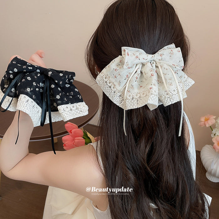 Floral Print Lace Bow Spring Hair Clips Black Or Cream