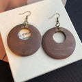 Brown Wood Look Oversized Open Round Disc Hook Earrings view 2