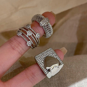 Silver Multi Band Crystal Flower Mesh Openwork Rings