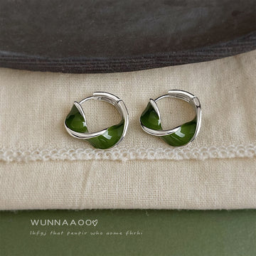 Silver Green Enamel Twist Hoop Earrings Pair Jewelry