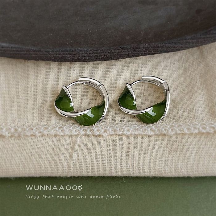 Silver Green Enamel Twist Hoop Earrings Pair Jewelry