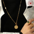 Gold OT Toggle Coin Pendant Long Necklace Pearl Paperclip Chain view 3