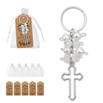 Pearl Cluster Silver Outline Cross Keychain and Attached Hardware