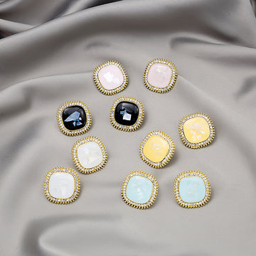 Square Shell Look Crystal Border Statement Stud Earrings