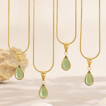 Teardrop Glass Pendant Snake Chain Necklace Gold Steel