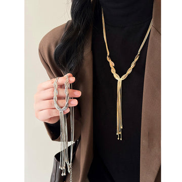 Silver Tone Twisted Link Y Necklace With Long Chain Tassels