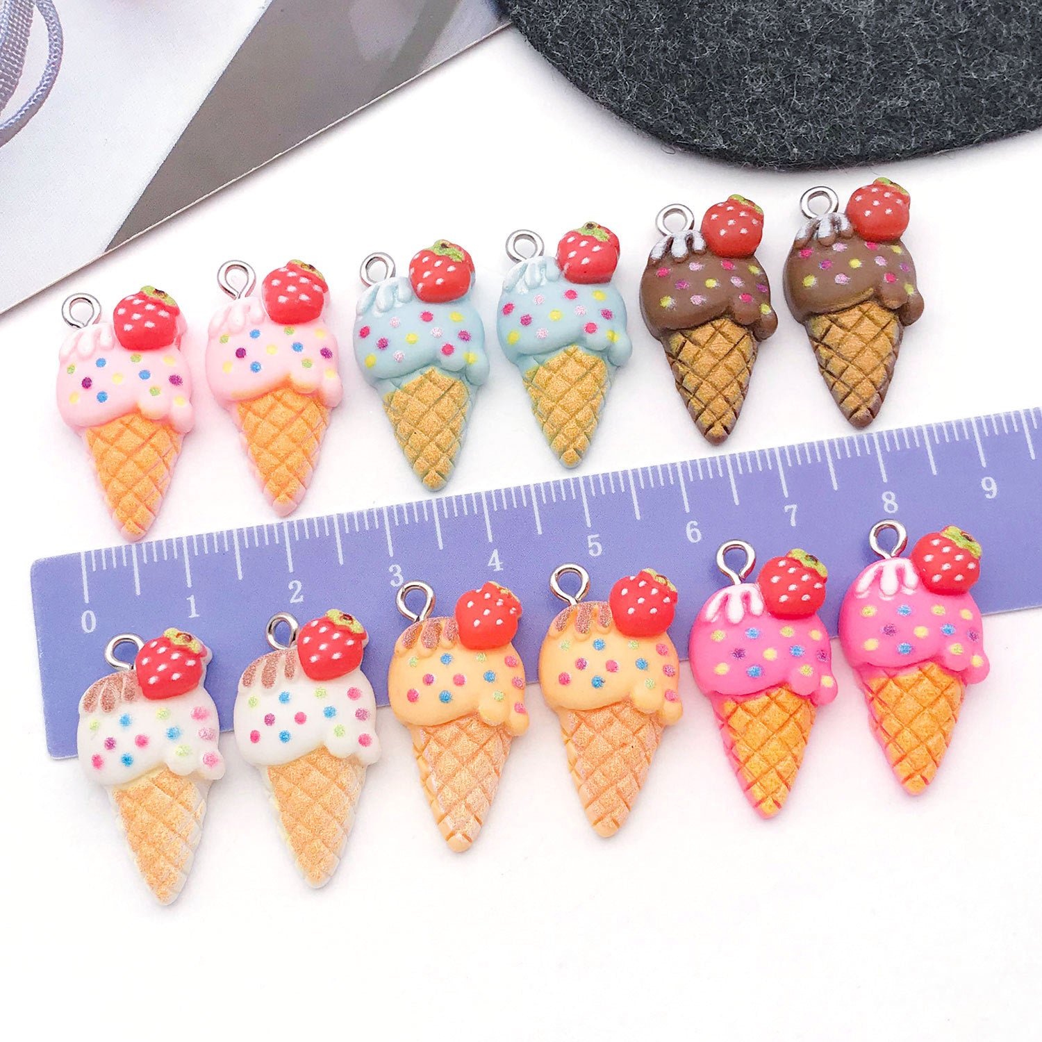 Simulation Resin Strawberry Ice Cream Cone Charm Pendant for DIY Necklace Bracelet Keychain