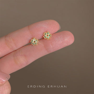 Gold Mini Five Petal Flower Stud Earrings Green Crystals