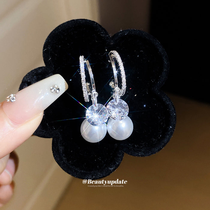 Silver Crystal Hoop Pearl Drop Earrings Fashion Jewelry