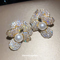 Crystal Petal Flower Stud Earrings With Faux Pearl Centers view 3