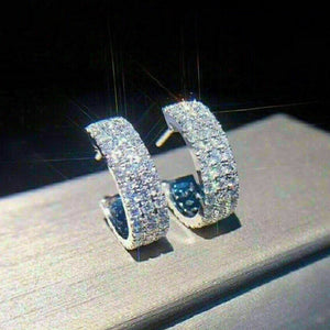 Triple Row Pavé Huggie Hoop Earrings in Silver Tone